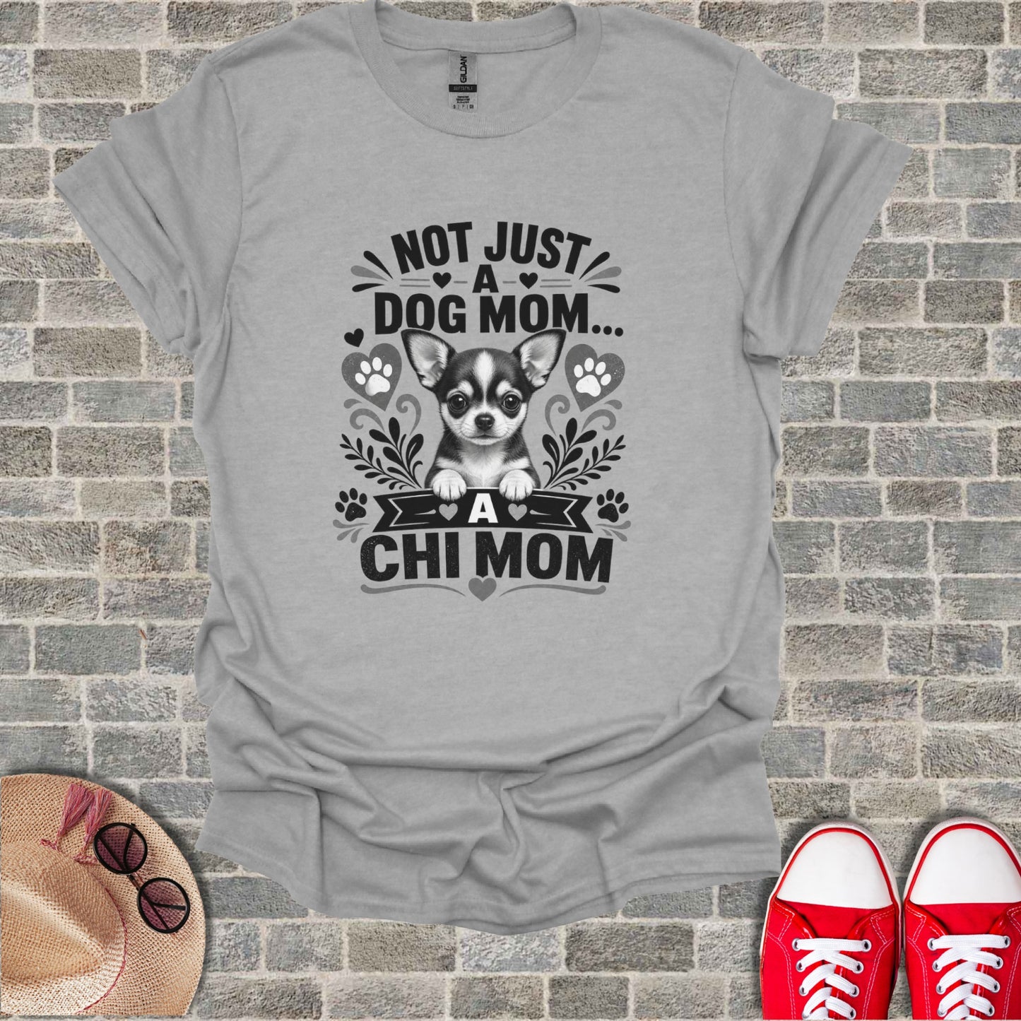 Grey t-shirt with a chihuahua graphic and text "Not Just a Dog Mom... A Chi Mom".