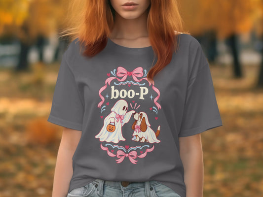 Graphic of ghost and dog in costumes with "boo-p" text on a t-shirt.