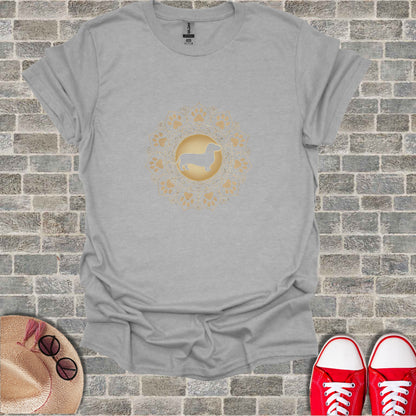 Grey t-shirt with golden dachshund mandala design on chest.