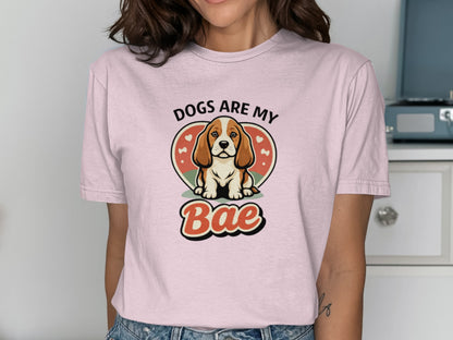 Beagle dog with heart and "Dogs are my Bae" text on a pink t-shirt.