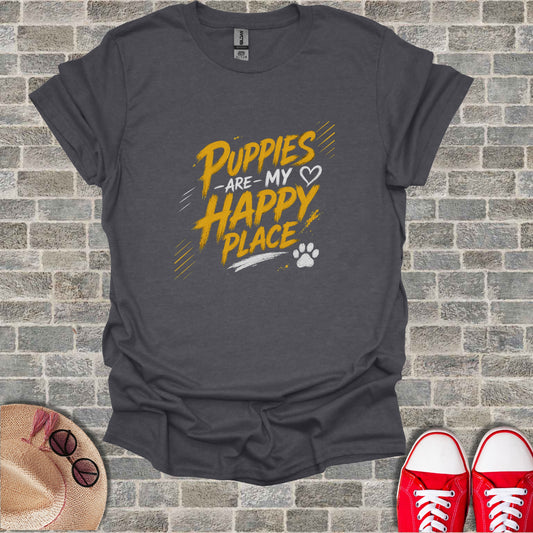 Dark gray t-shirt with yellow "Puppies are my happy place" text and paw print.