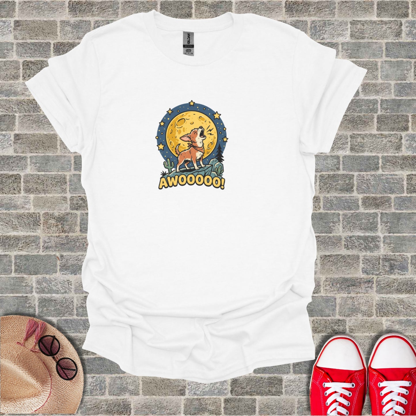 White t-shirt with a cartoon wolf howling at the moon with "AWOOOO!" text.