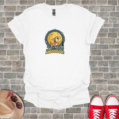 White t-shirt with a cartoon wolf howling at the moon with "AWOOOO!" text.