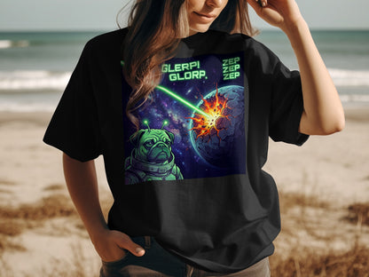 Black t-shirt with alien pug blasting planet with laser.