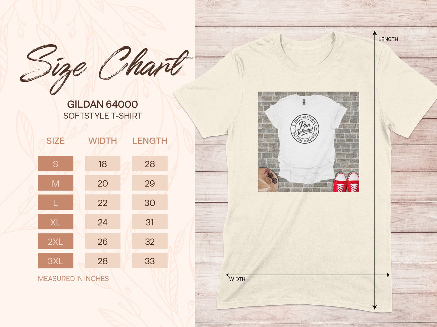 Gildan 64000 softstyle t-shirt size chart with measurements in inches.
