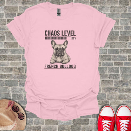 Pink t-shirt with a drawing of a French bulldog and "CHAOS LEVEL 80%" text.
