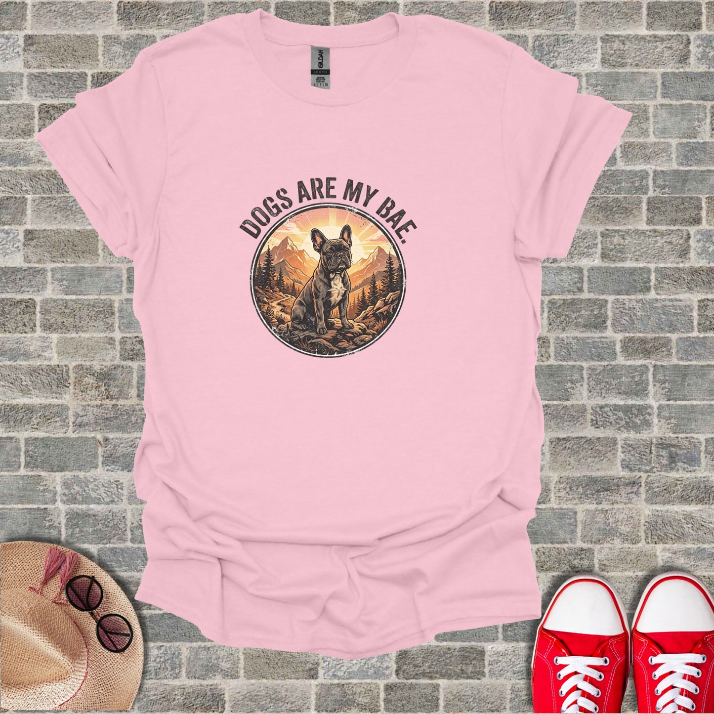 Pink t-shirt with "Dogs are my bae" text and French bulldog graphic.