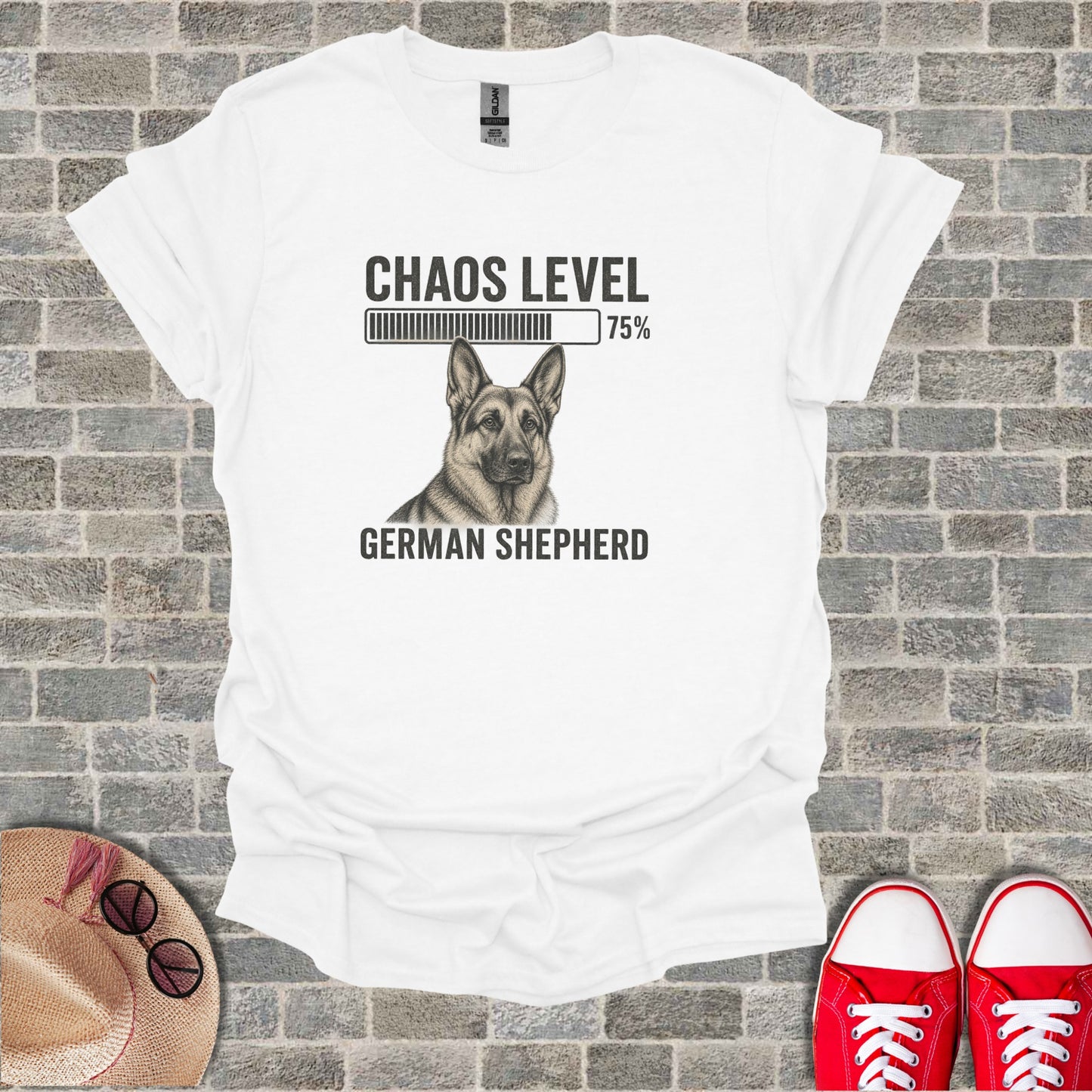 White t-shirt with German Shepherd graphic and "CHAOS LEVEL 75%" text.