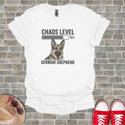 White t-shirt with German Shepherd graphic and "CHAOS LEVEL 75%" text.