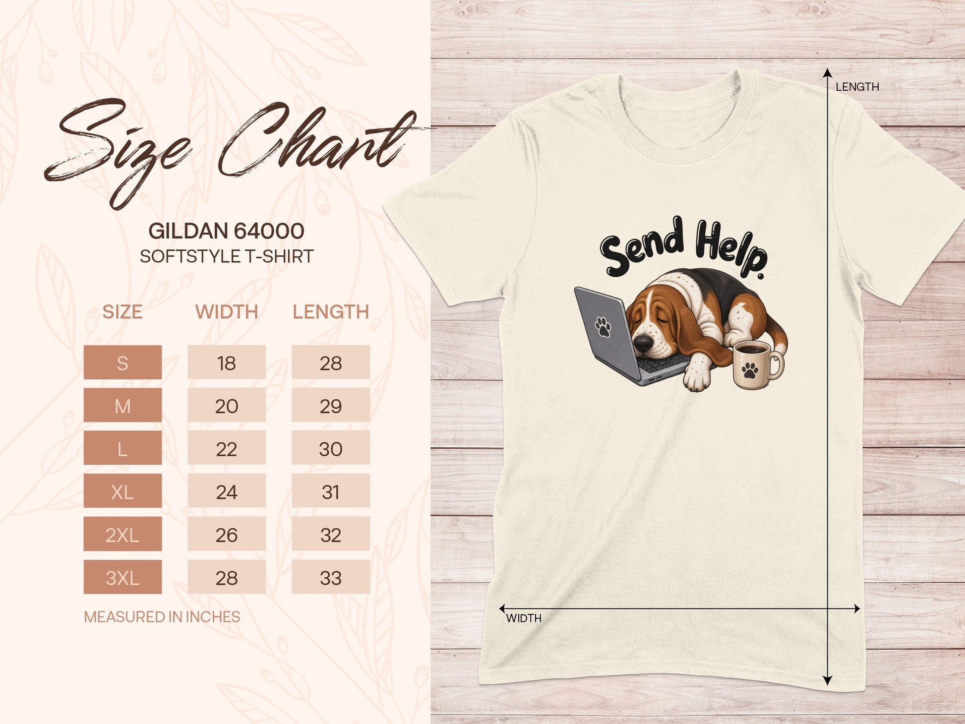 Gildan 64000 Softstyle T-shirt size chart with dog graphic and "Send Help" text.