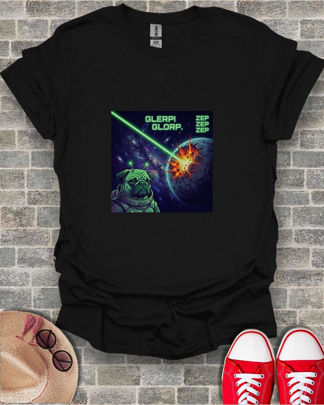Black t-shirt with a pug in a spacesuit and exploding planet graphic.