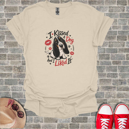 Basset Hound wearing a collar, with "I Kissed A Dog And I Liked It" text.