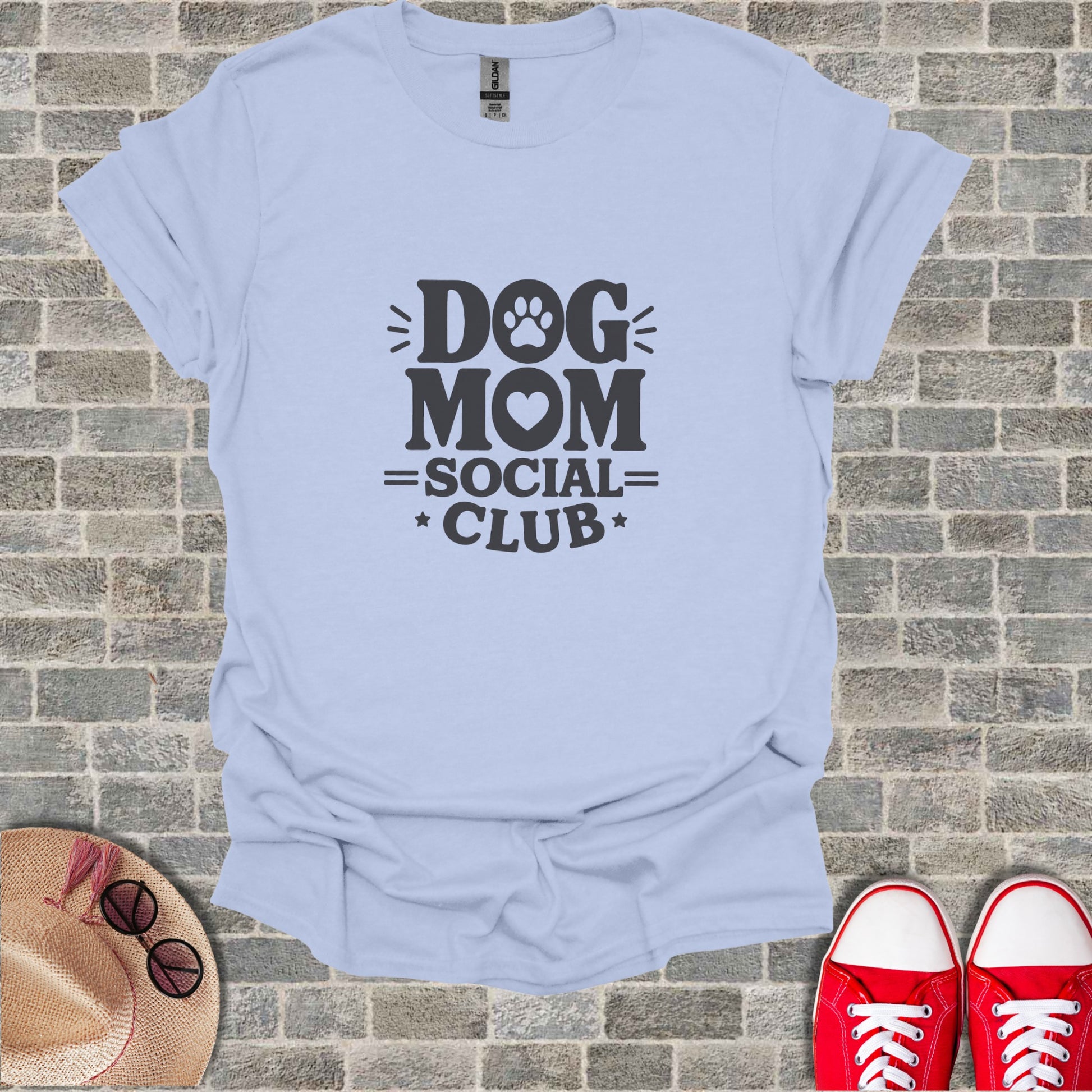 Light blue t-shirt with "DOG MOM SOCIAL CLUB" text and paw print design.