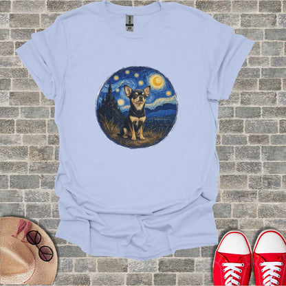 Chihuahua on starry night background, light blue t-shirt.