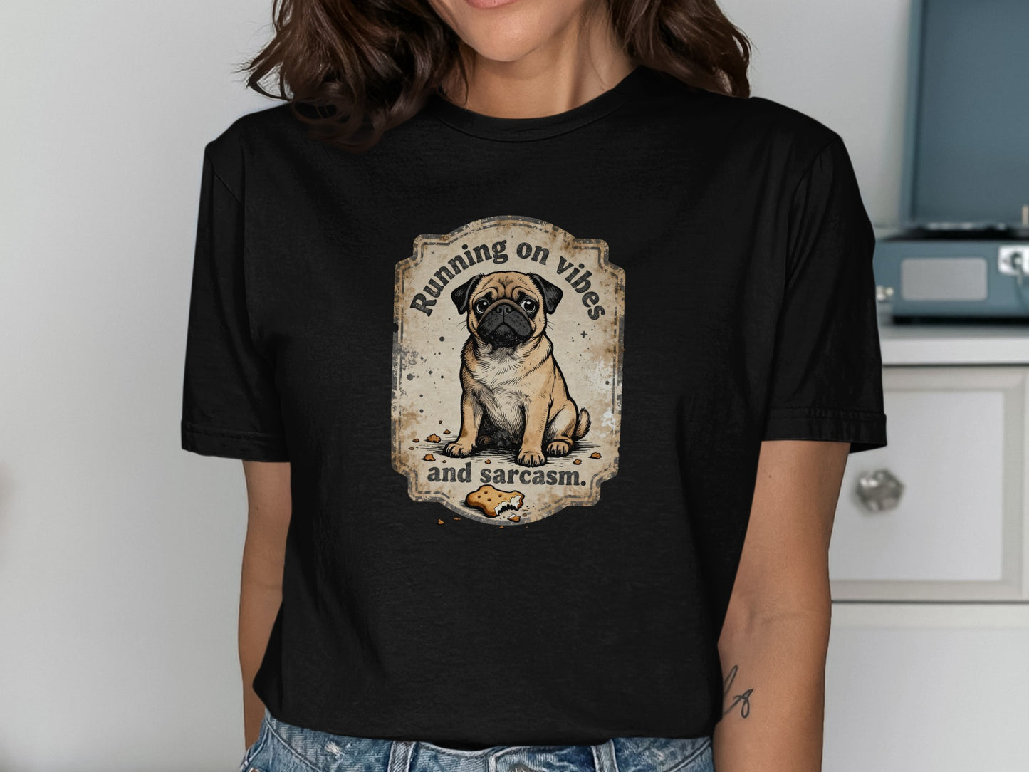 Running on Vibes and Sarcasm Pug Graphic Shirt