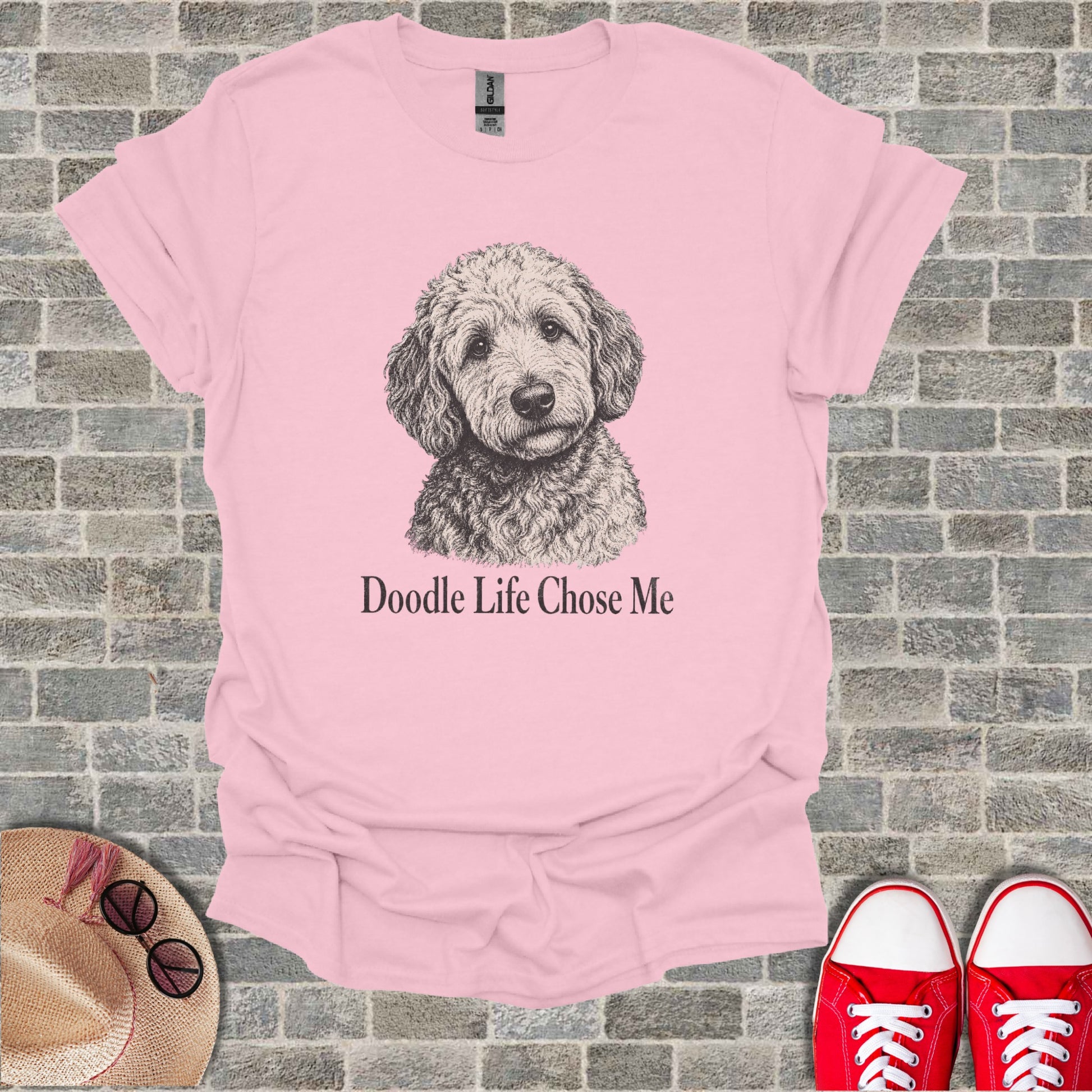 Pink t-shirt with a sketch of a doodle dog and text "Doodle Life Chose Me".