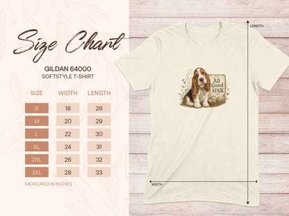 Gildan 64000 size chart with beagle graphic on t-shirt.