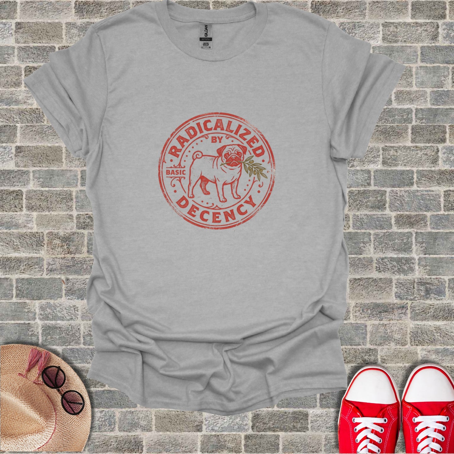 Gray t-shirt with "Radicalized by Basic Decency" circular logo.
