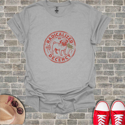 Gray t-shirt with "Radicalized by Basic Decency" circular logo.
