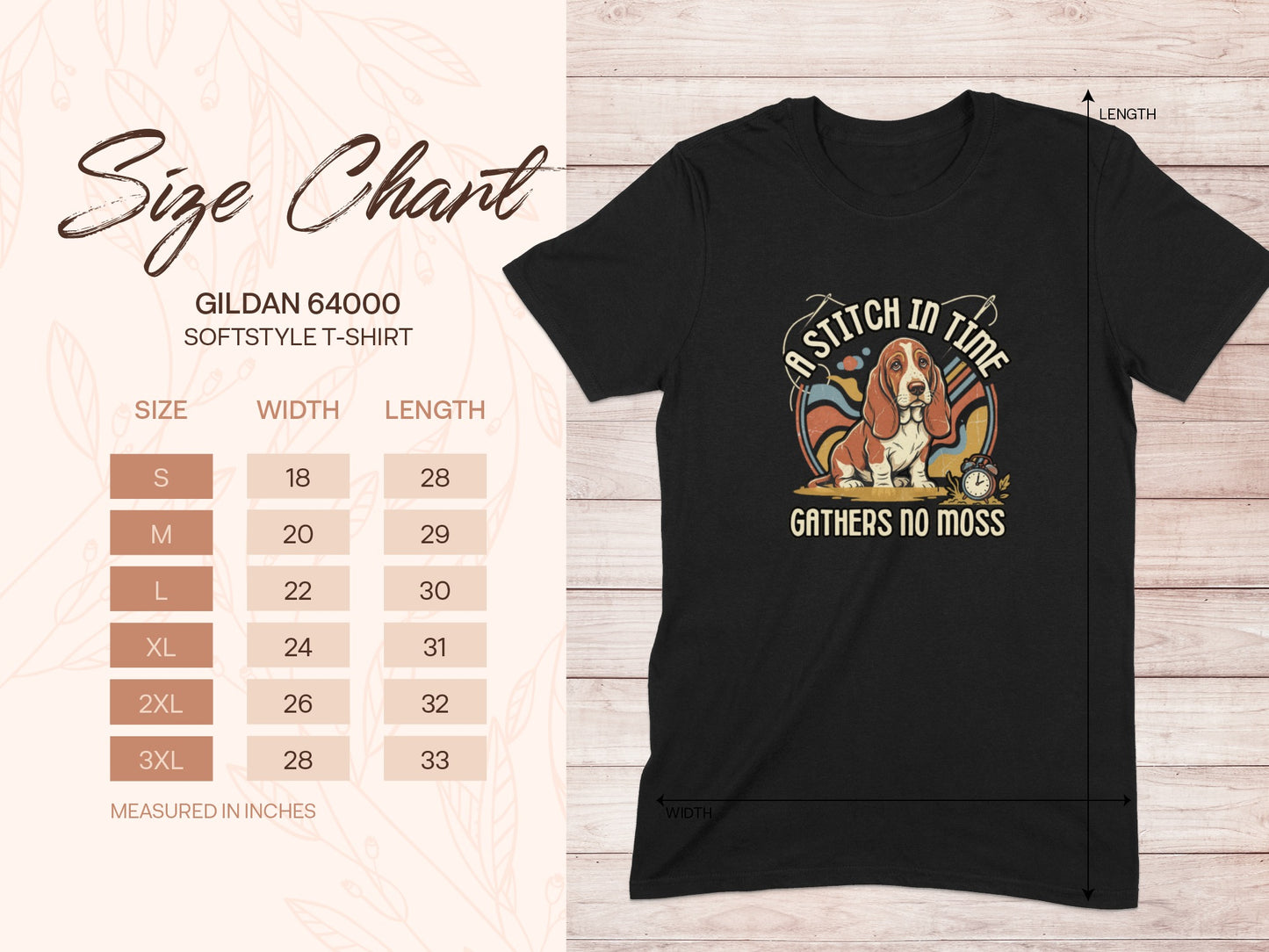 Size chart for Gildan 64000 t-shirt with dog graphic.