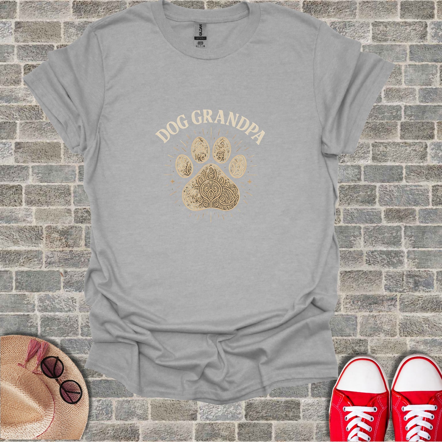 Grey t-shirt with "Dog Grandpa" text and a decorative paw print.