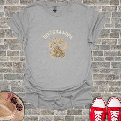 Grey t-shirt with "Dog Grandpa" text and a decorative paw print.