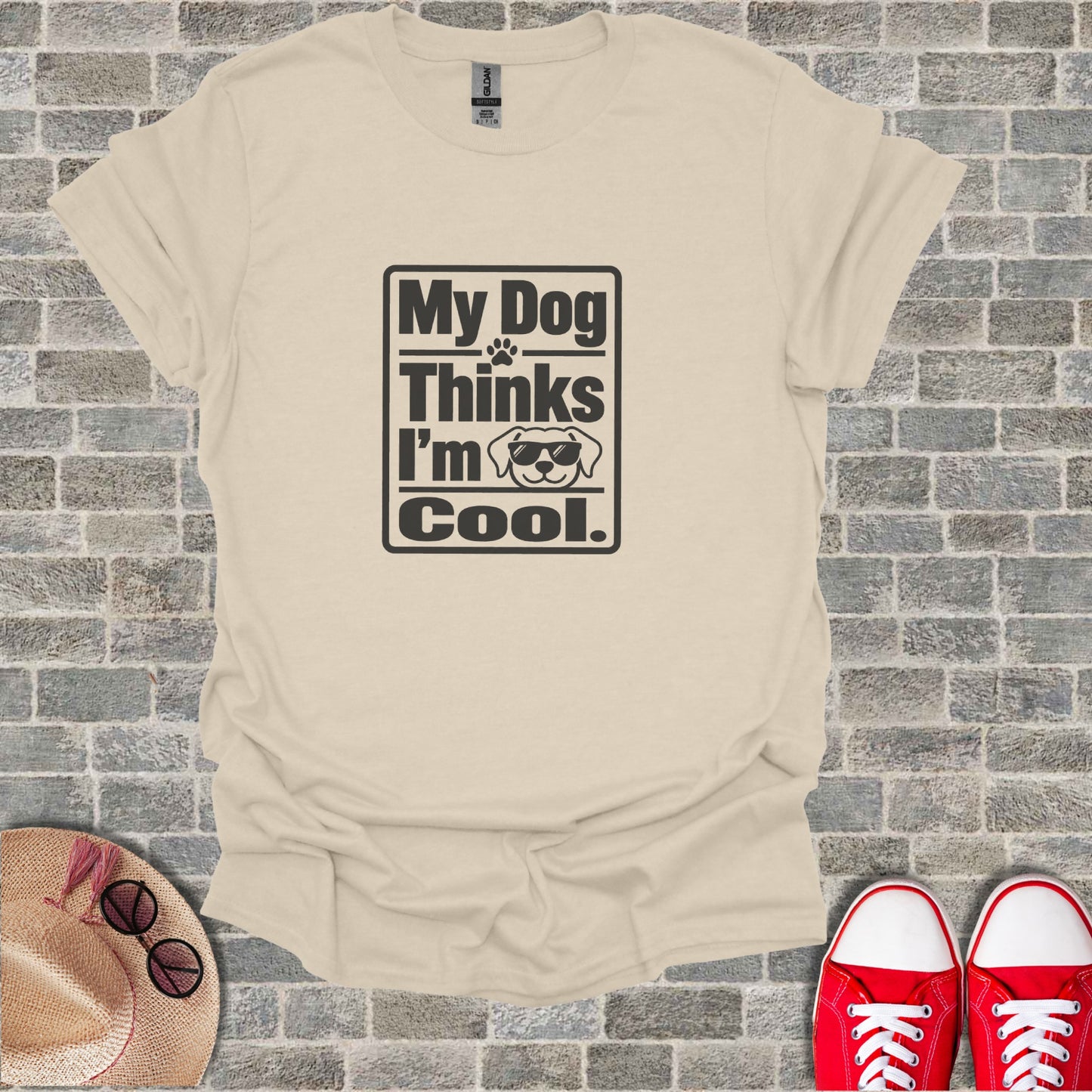T-shirt with "My Dog Thinks I'm Cool" text and sunglasses graphic.