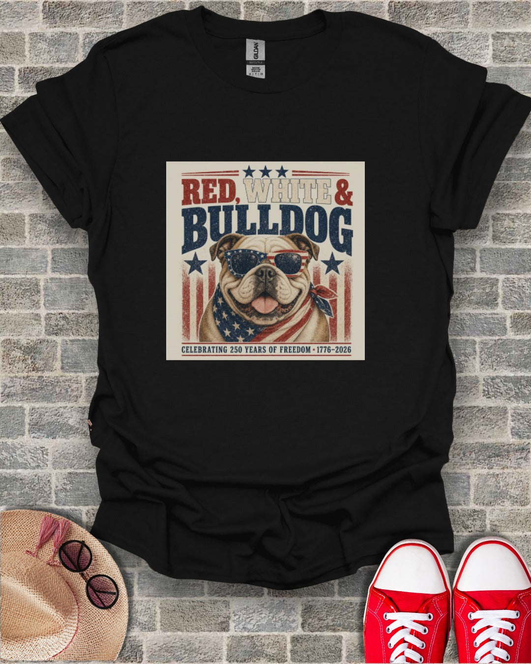 Black t-shirt with a bulldog wearing sunglasses and the text RED, WHITE & BULLDOG.