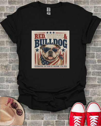 Black t-shirt with a bulldog wearing sunglasses and the text RED, WHITE & BULLDOG.