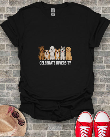 Black t-shirt with "Celebrate Diversity" text and cartoon dogs.