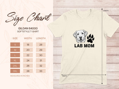 Gildan 64000 Softstyle t-shirt size chart with "Lab Mom" graphic.