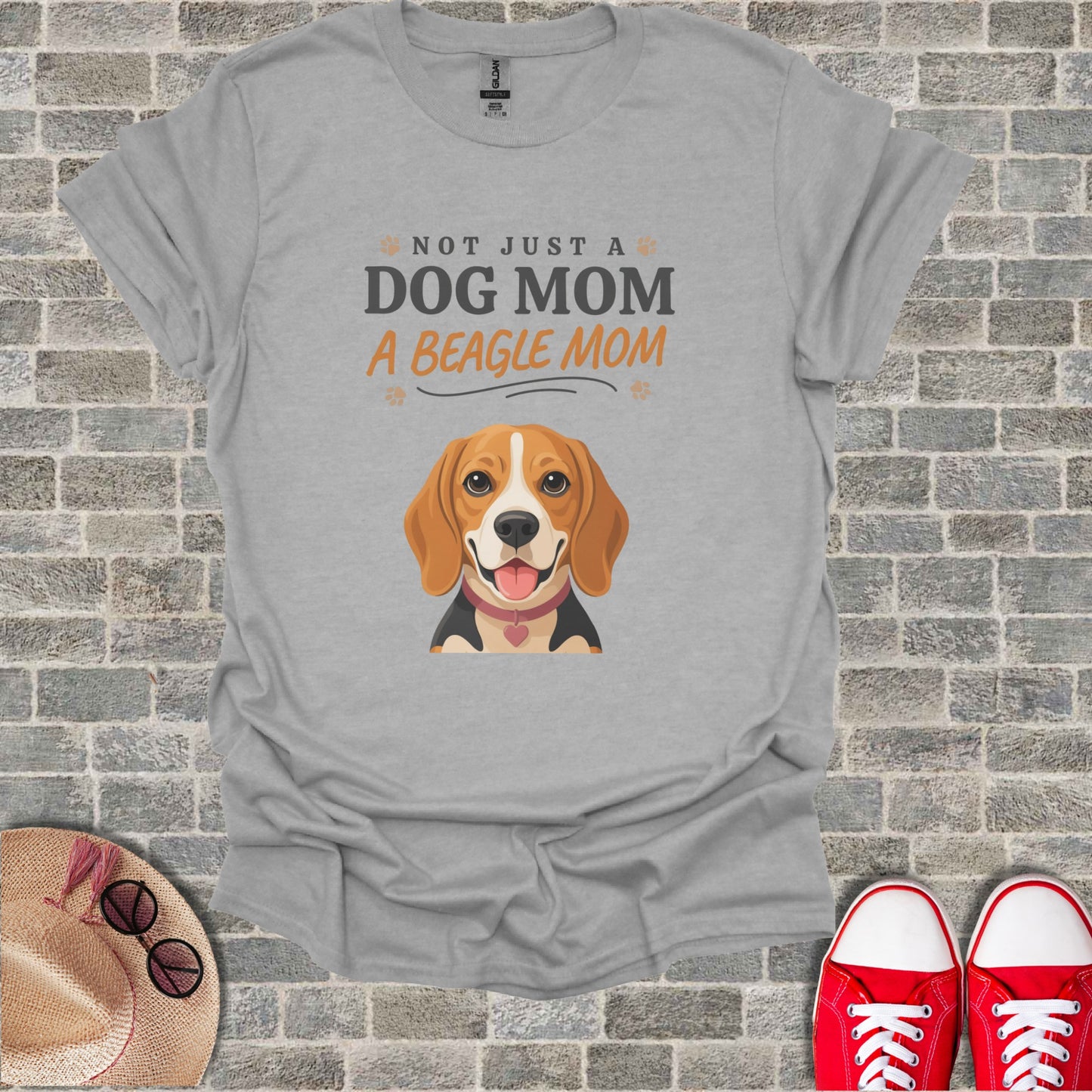 Grey t-shirt with beagle illustration and "Not Just a Dog Mom" text.