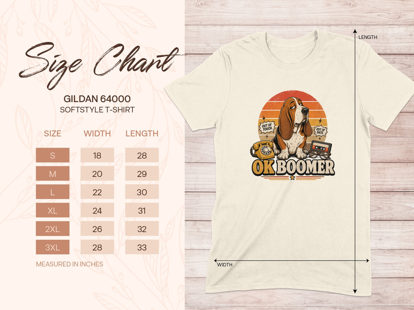 Gildan 64000 t-shirt size chart with "OK BOOMER" graphic.
