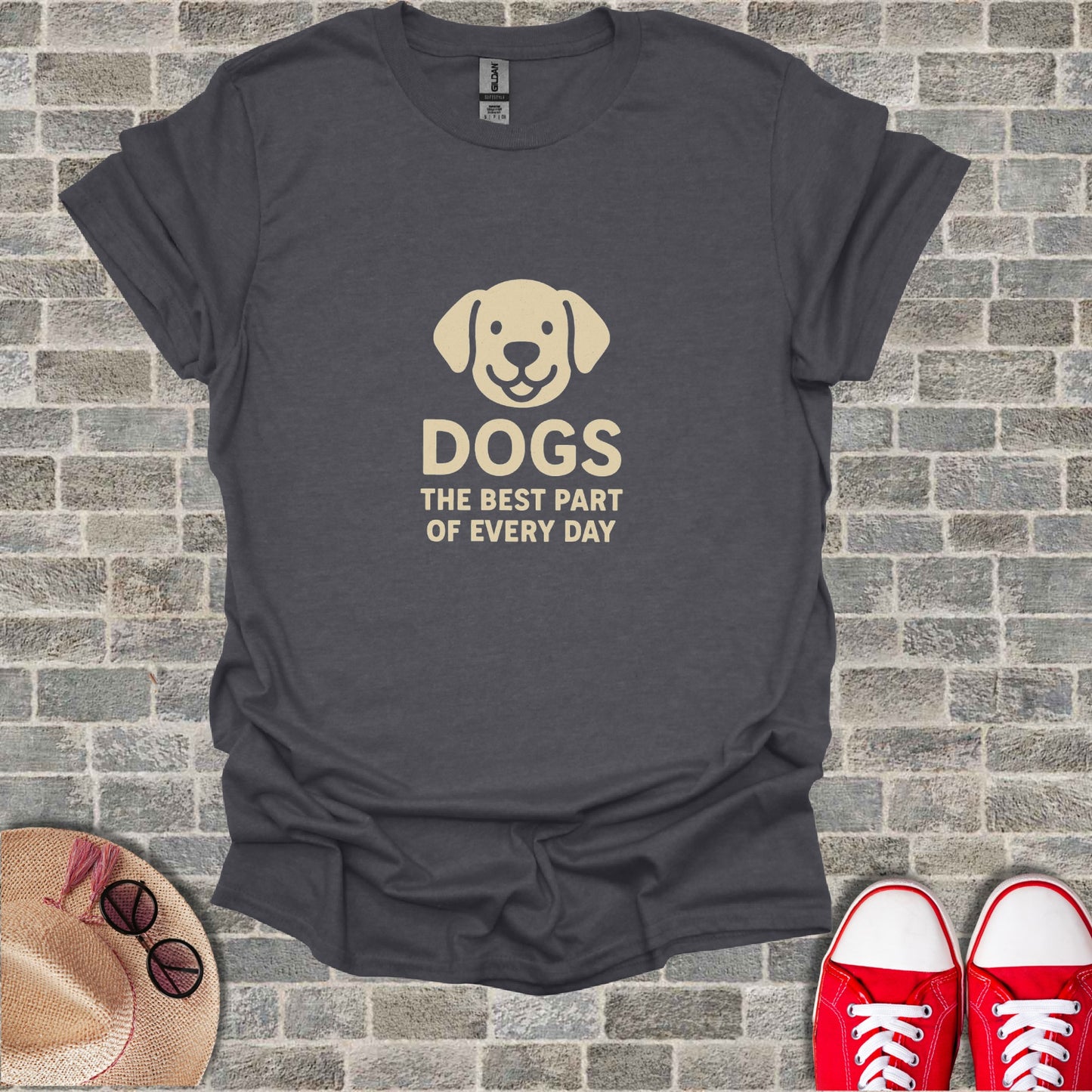 Dark gray t-shirt with a smiling dog graphic and text "DOGS THE BEST PART OF EVERY DAY".