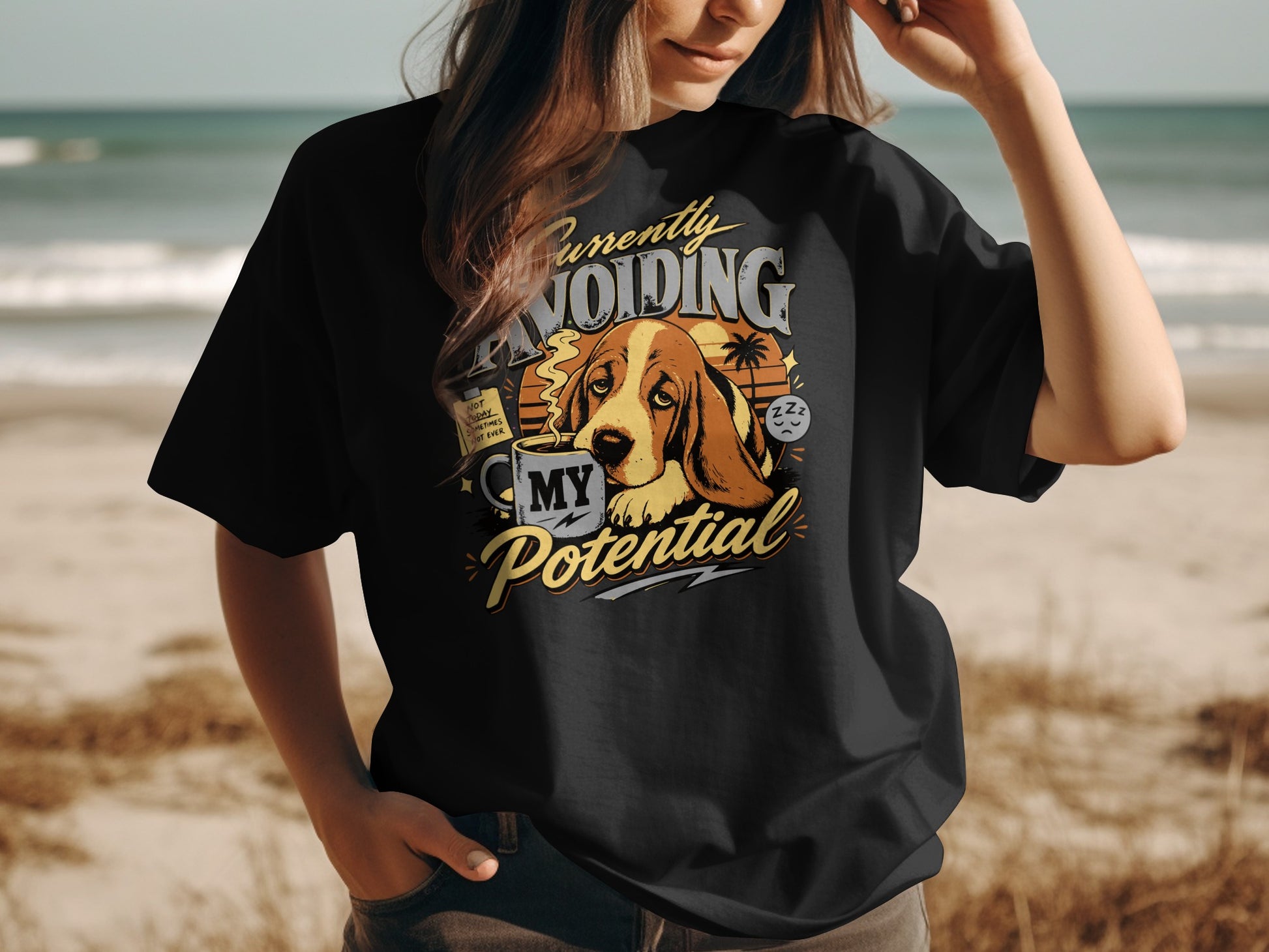 Basset hound graphic with text "Currently Avoiding My Potential".