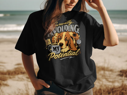 Basset hound graphic with text "Currently Avoiding My Potential".