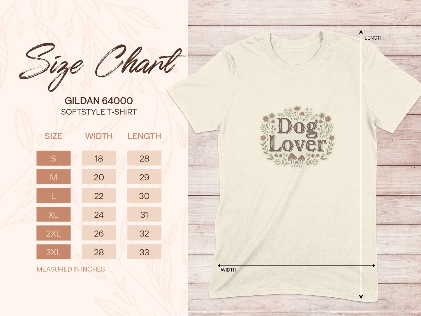 Gildan 64000 softstyle t-shirt size chart with measurements in inches.