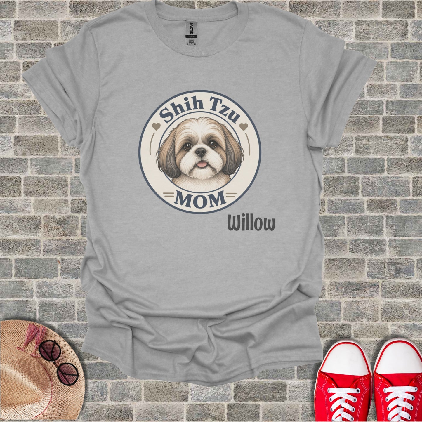 Gray t-shirt with Shih Tzu Mom graphic and Willow text.