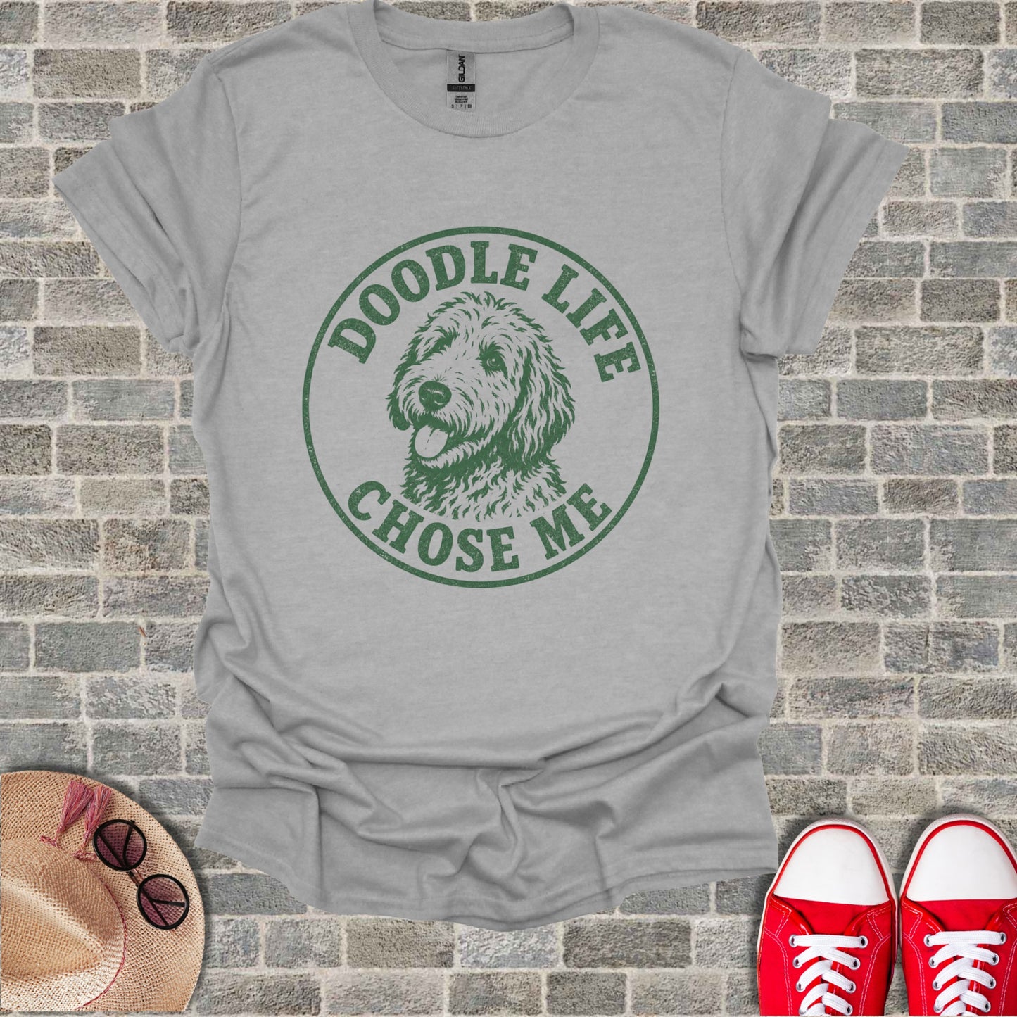 Grey t-shirt with green "DOODLE LIFE CHOSE ME" text and dog graphic.