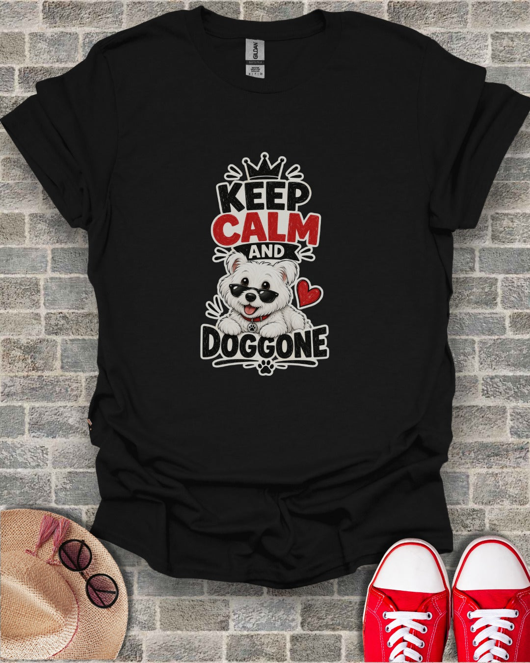 Black t-shirt with "Keep Calm and Doggone" text and a dog wearing sunglasses.