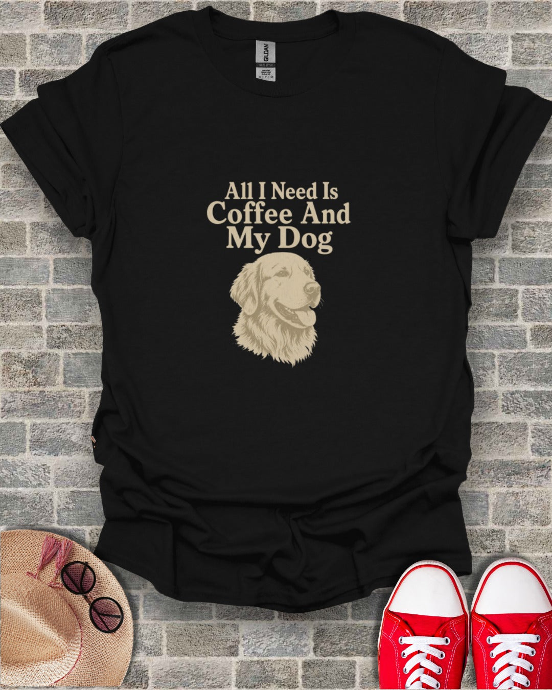 Black t-shirt with "All I Need Is Coffee And My Dog" text and a golden retriever illustration.