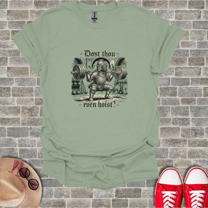 Knight in armor doing a barbell squat with "Dost thou even hoist?" text.