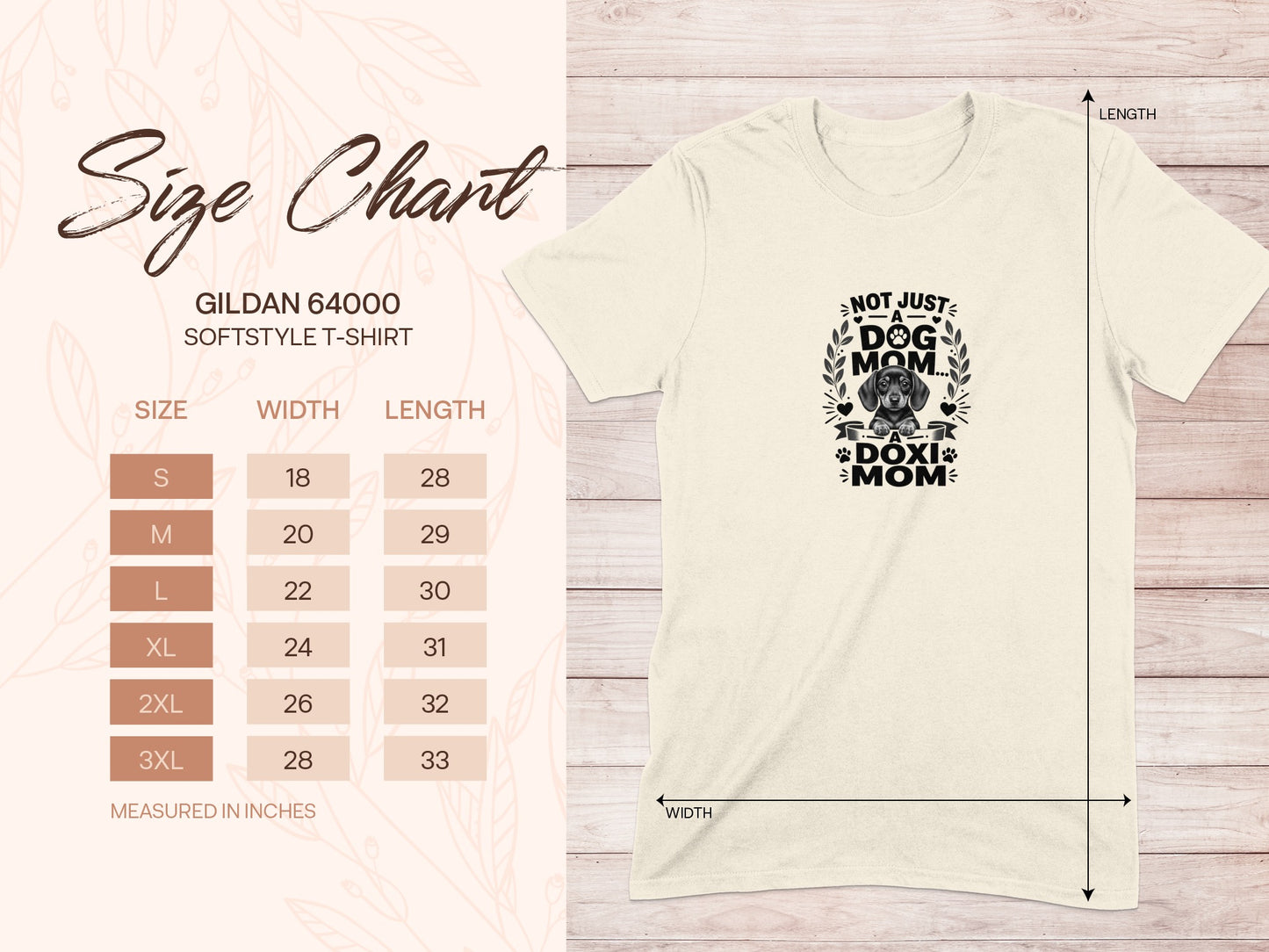 Cream t-shirt with "Not Just a Dog Mom... a Doxi Mom" graphic and a size chart.