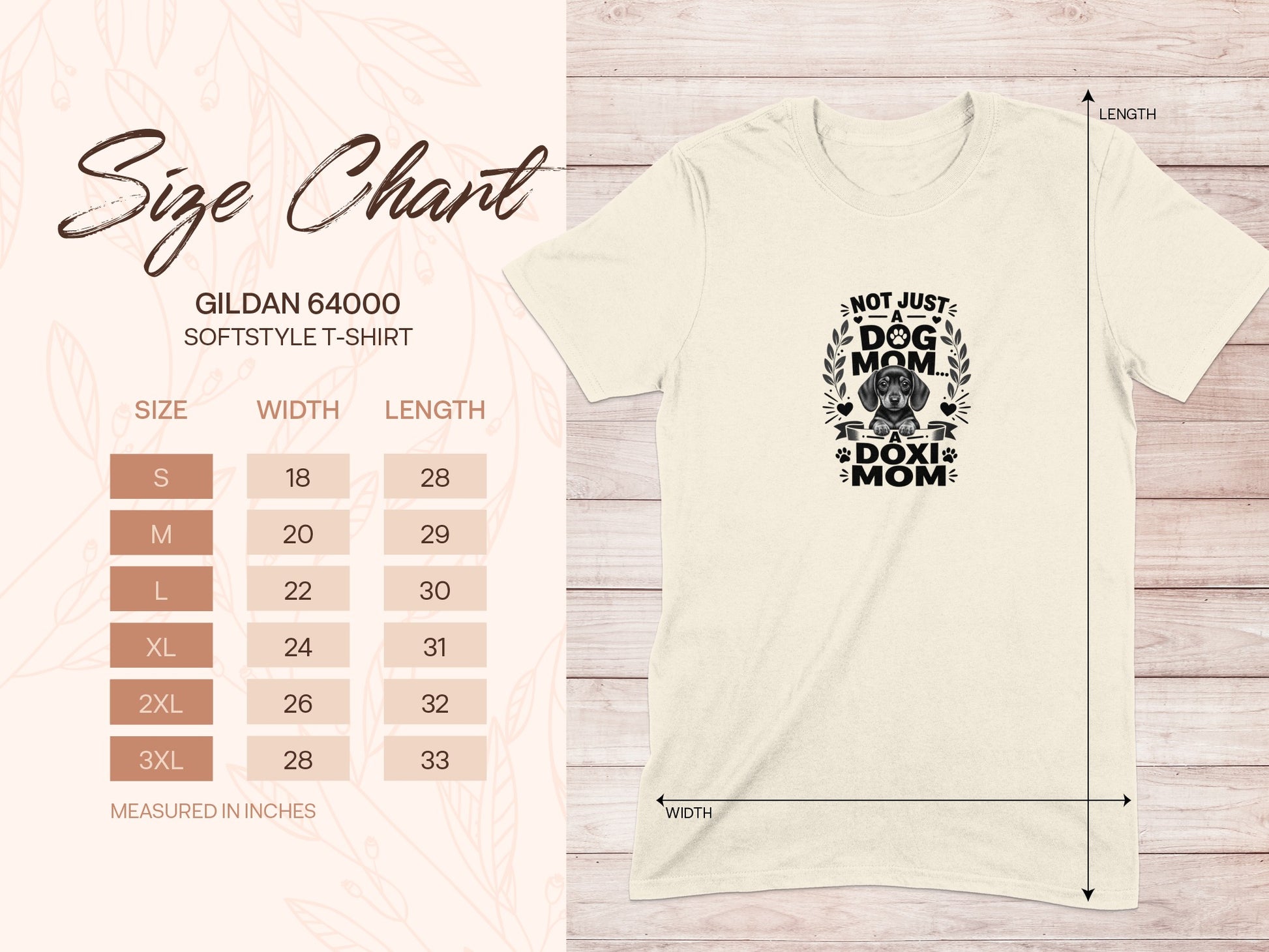 Cream t-shirt with "Not Just a Dog Mom... a Doxi Mom" graphic and a size chart.