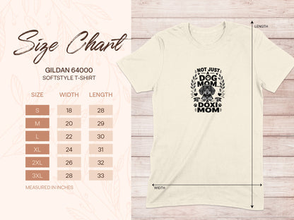 Cream t-shirt with "Not Just a Dog Mom... a Doxi Mom" graphic and a size chart.