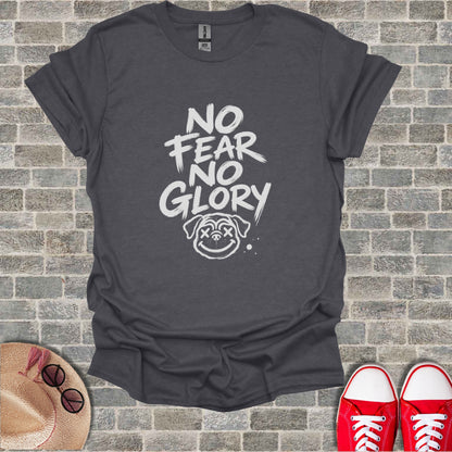 Dark gray t-shirt with "NO FEAR NO GLORY" text and a cartoon dog face.