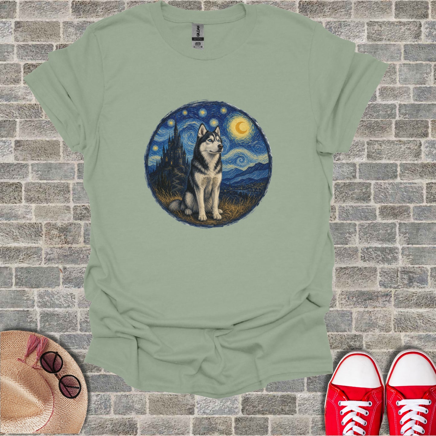 Siberian Husky sitting under a starry night sky with a castle.