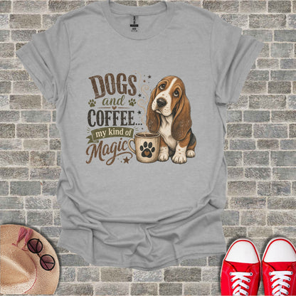 Grey t-shirt with Basset Hound and text "Dogs and Coffee... my kind of Magic".