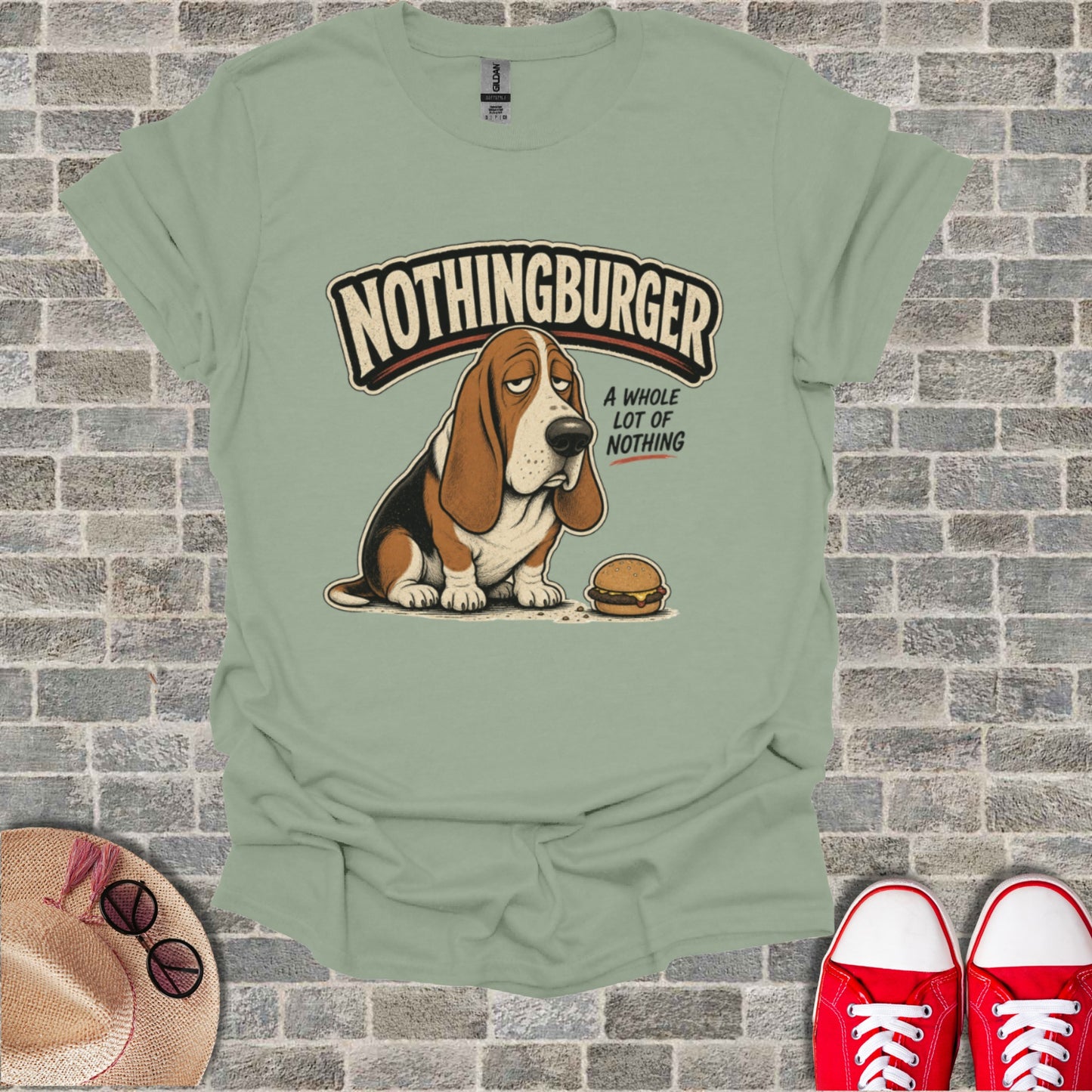 Basset hound sitting near a hamburger with text "NOTHINGBURGER"