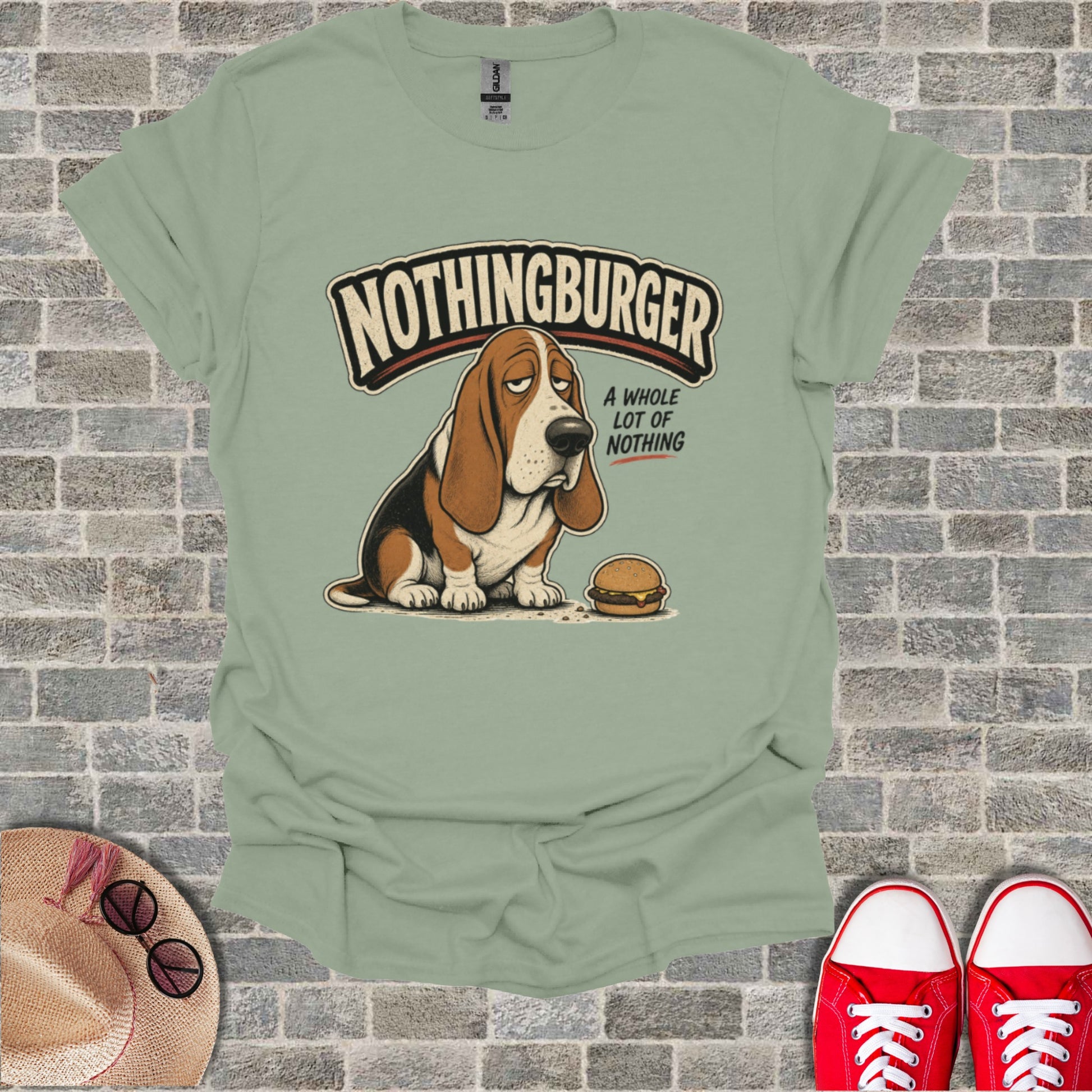 Basset hound sitting near a hamburger with text "NOTHINGBURGER"